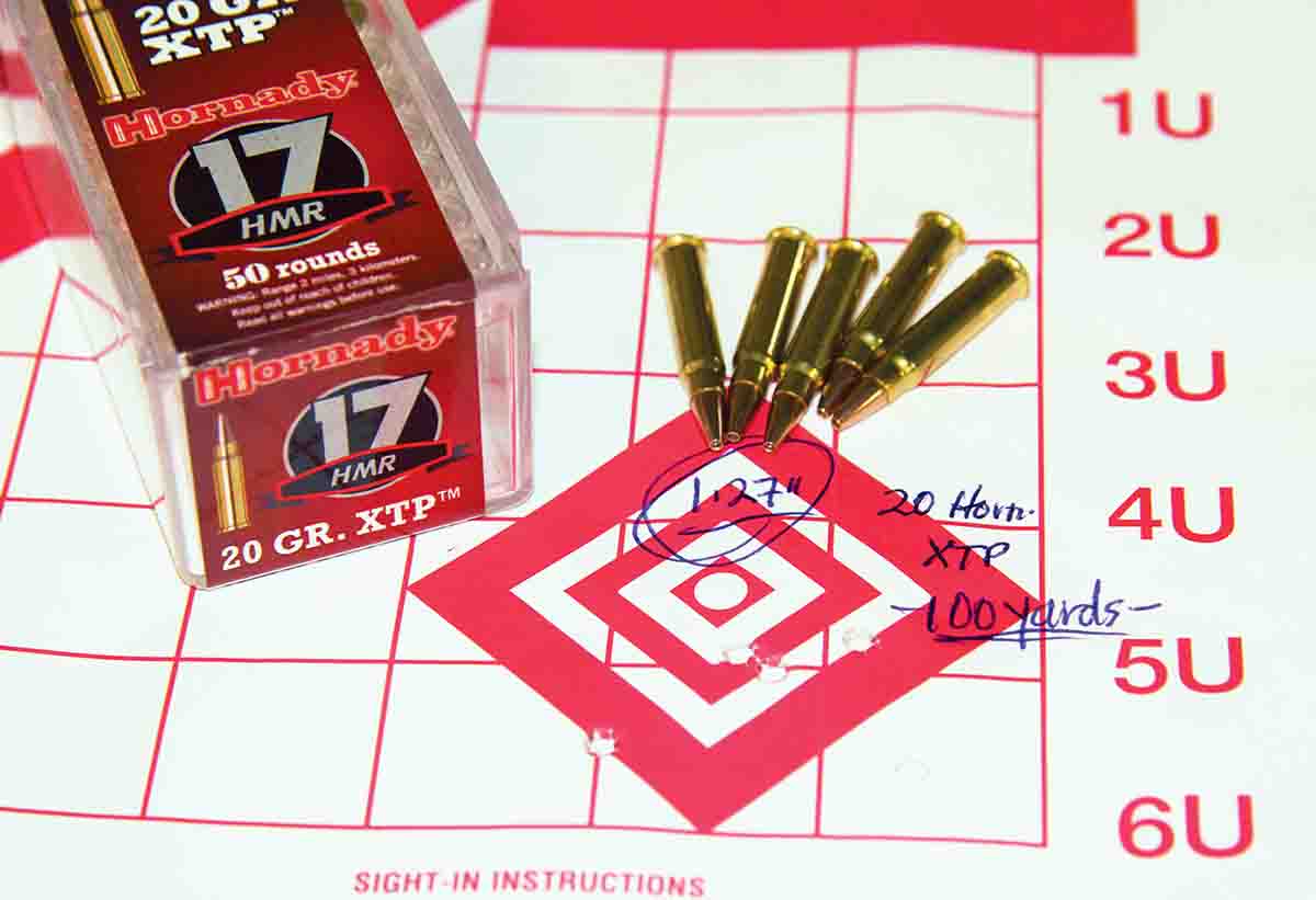 Hornady’s 20-grain XTP hollowpoint Hummer ammunition printed into 1.27 inches at 100 yards, with a muzzle velocity of 2,659 fps.